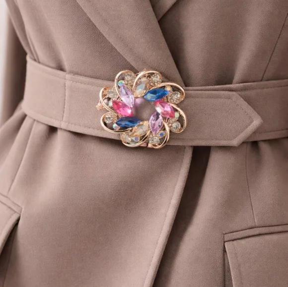 Multicolor Rhinestone Flower Brooch Pin | Rose Gold Tone Statement Accessory - Picture 2 of 3